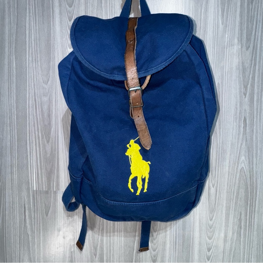 Vtg Polo Ralph Lauren Blue Backpack Embroidered Yellow Pony Logo Canvas Leather
